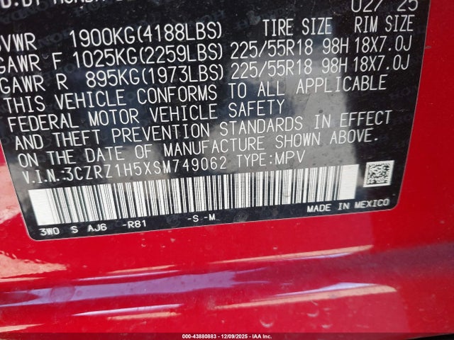 3CZRZ1H5XSM749062 Honda Hr-v 2wd Sport