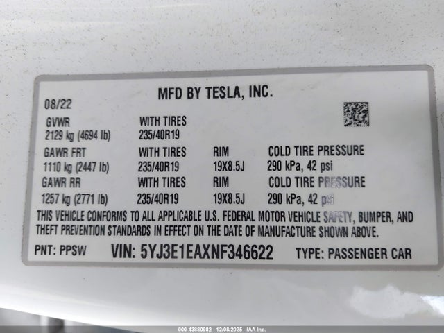 2022 TESLA MODEL 3 5YJ3E1EAXNF346622 Photo 8
