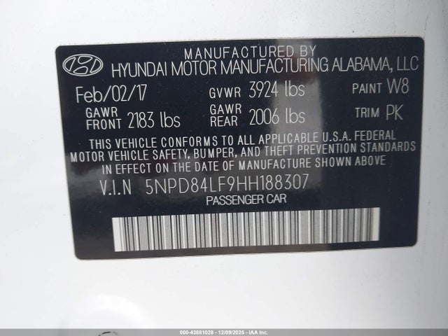 5NPD84LF9HH188307 Hyundai ELANTRA SE
