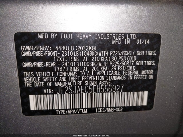 Продаж на аукціоні авто 2014 Subaru Forester 2.5i Premium, vin: JF2SJAEC5EH556927, номер лоту: 43881137