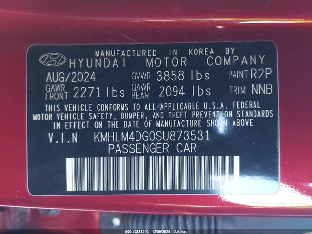 43881203 :رقم المزاد ، KMHLM4DG0SU873531 vin ، 2025 Hyundai Elantra Sel Sport مزاد بيع