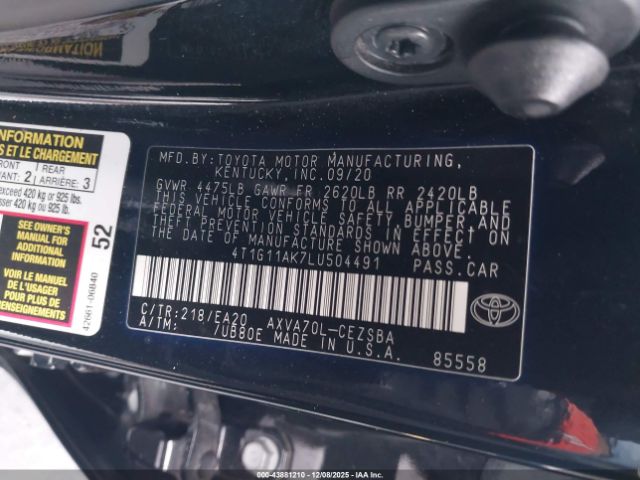 2020 TOYOTA CAMRY 4T1G11AK7LU504491 Photo 8