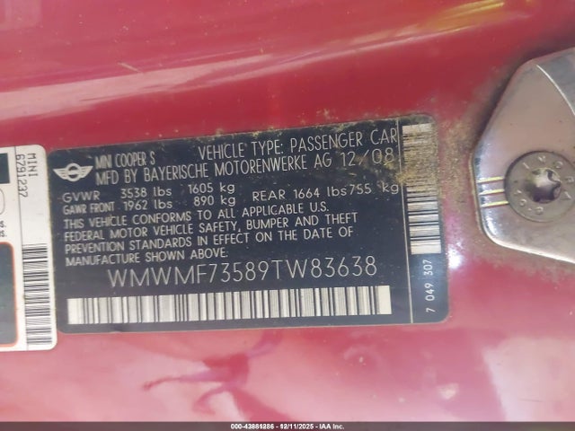 2009 MINI COOPER S WMWMF73589TW83638 Photo 8