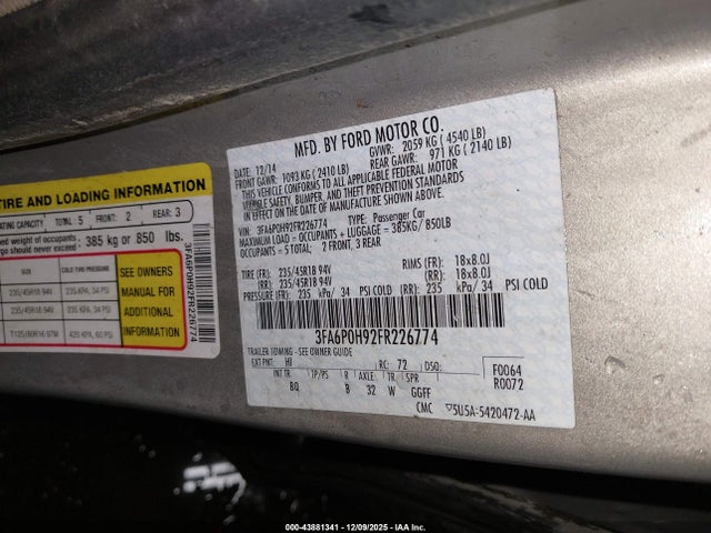 Ford FUSION SE 2015 3FA6P0H92FR226774 Image 9