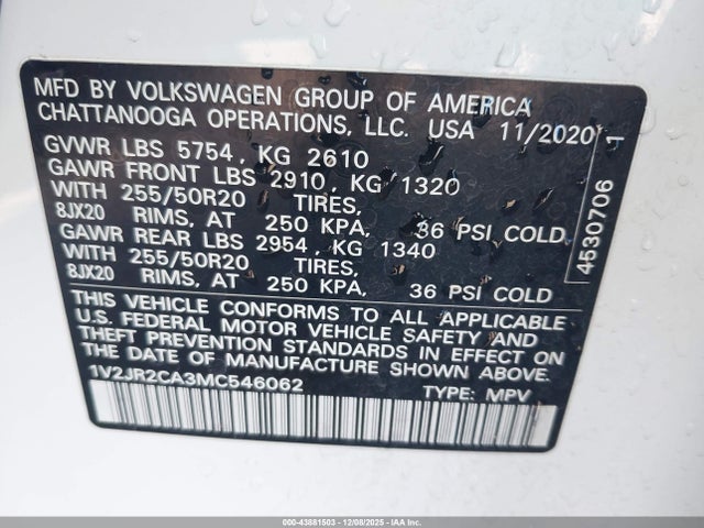 1V2JR2CA3MC546062 Volkswagen Atlas 3.6l V6 Se W/technology