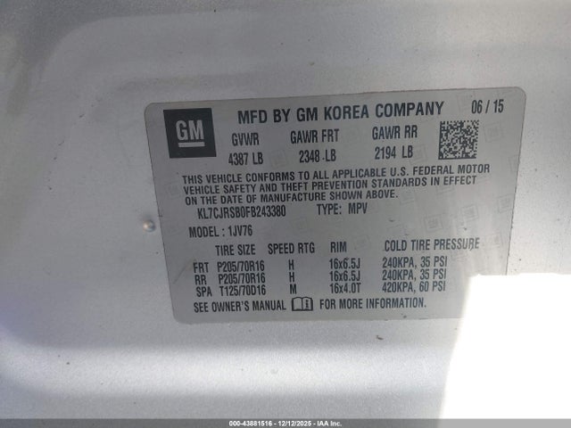 KL7CJRSB0FB243380 Chevrolet Trax Lt