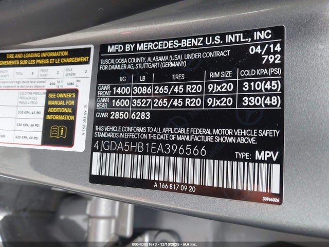 43881673 :رقم المزاد ، 4JGDA5HB1EA396566 vin ، 2014 Mercedes-benz Ml 350 4matic مزاد بيع