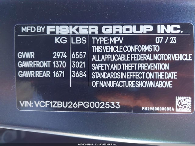 Fisker Ocean One 2023 VCF1ZBU26PG002533 Image 9