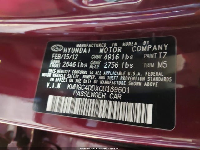 Продаж на аукціоні авто 2012 Hyundai Genesis 3.8, vin: KMHGC4DDXCU189601, номер лоту: 43881691