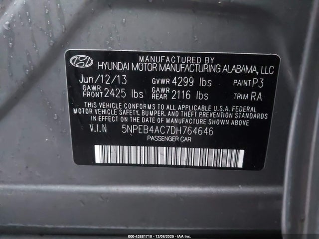Aukcja sprzedaży 2013 Hyundai Sonata Gls, vin: 5NPEB4AC7DH764646, numer aukcji: 43881718