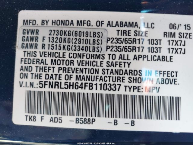 2015 HONDA ODYSSEY 5FNRL5H64FB110337 Photo 8