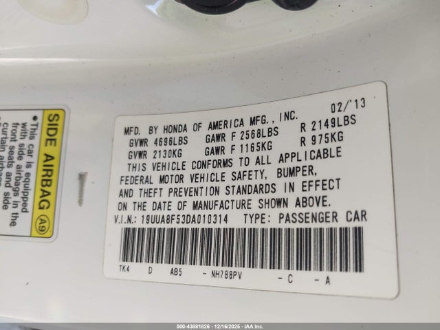 2013 Acura Tl 3.5 მანქანა იყიდება აუქციონზე, vin: 19UUA8F53DA010314, აუქციონის ნომერი: 43881826