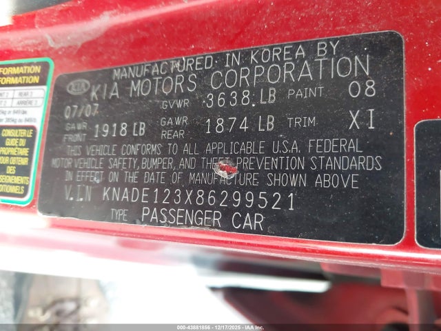Продажа на аукционе авто 2008 Kia Rio Lx, vin: KNADE123X86299521, номер лота: 43881856