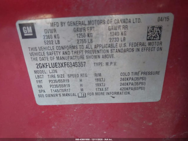 Aukcja sprzedaży 2015 Gmc Terrain Denali, vin: 2GKFLUE3XF6345357, numer aukcji: 43881858