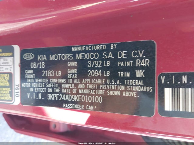 Продаж на аукціоні авто 2019 Kia Forte Lxs, vin: 3KPF24AD9KE010100, номер лоту: 43881884