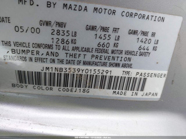 43881994 :رقم المزاد ، JM1NB3539Y0155291 vin ، 2000 Mazda Mx-5 Miata Ls/special Edition مزاد بيع