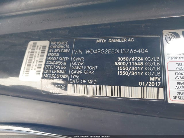 Aukcja sprzedaży 2017 Mercedes-benz Metris, vin: WD4PG2EE0H3266404, numer aukcji: 43882059