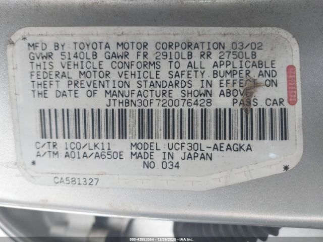 2002 LEXUS LS 430 JTHBN30F720076428 Photo 8
