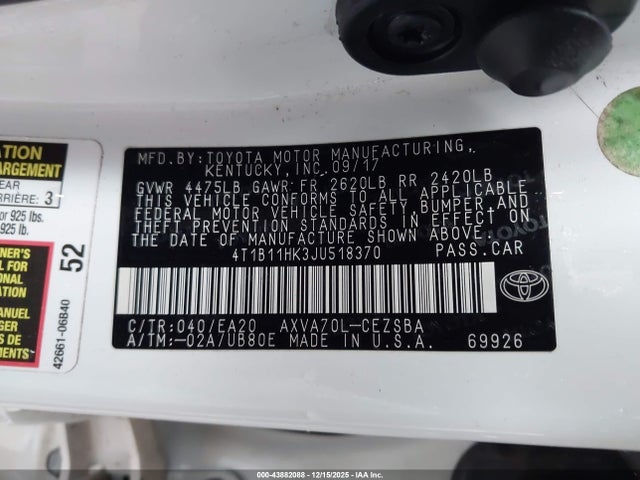 4T1B11HK3JU518370 Toyota CAMRY SE