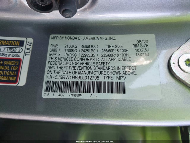 5J6RW1H89LL012795 Honda Cr-v 2wd Ex-l