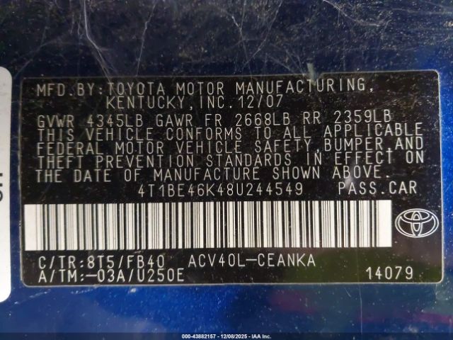 2008 TOYOTA CAMRY 4T1BE46K48U244549 Photo 8