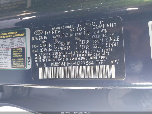 KM8SM4HF6HU227884 Hyundai Santa Fe Se