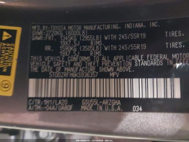 2019 TOYOTA HIGHLANDER 5TDDZRFH6KS936357 Photo 8