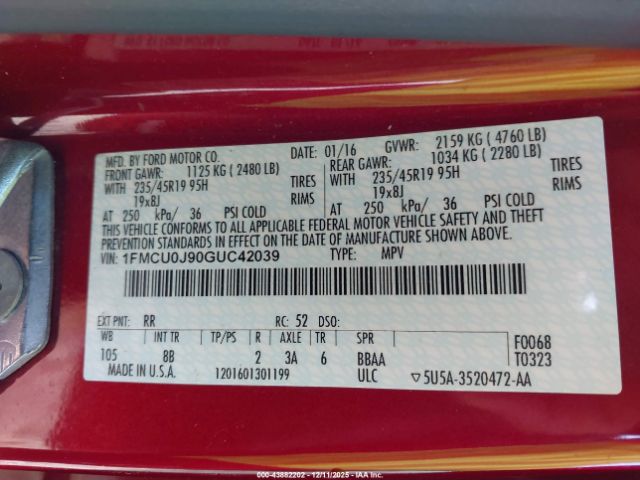 2016 FORD ESCAPE 1FMCU0J90GUC42039 Photo 8