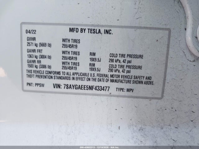 2022 TESLA MODEL Y 7SAYGAEE5NF433477 Photo 8