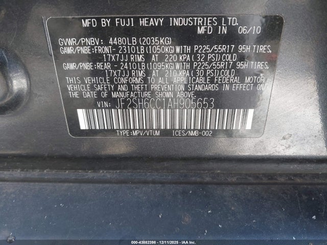 2010 Subaru Forester 2.5x Premium მანქანა იყიდება აუქციონზე, vin: JF2SH6CC1AH905653, აუქციონის ნომერი: 43882398