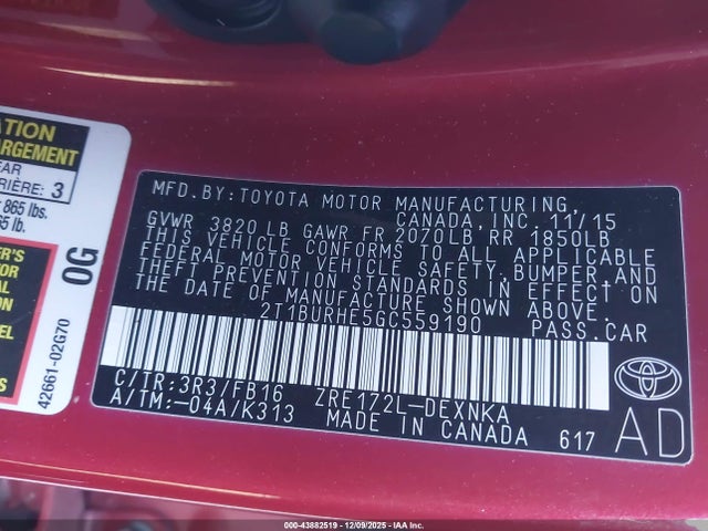 2T1BURHE5GC559190 Toyota COROLLA LE