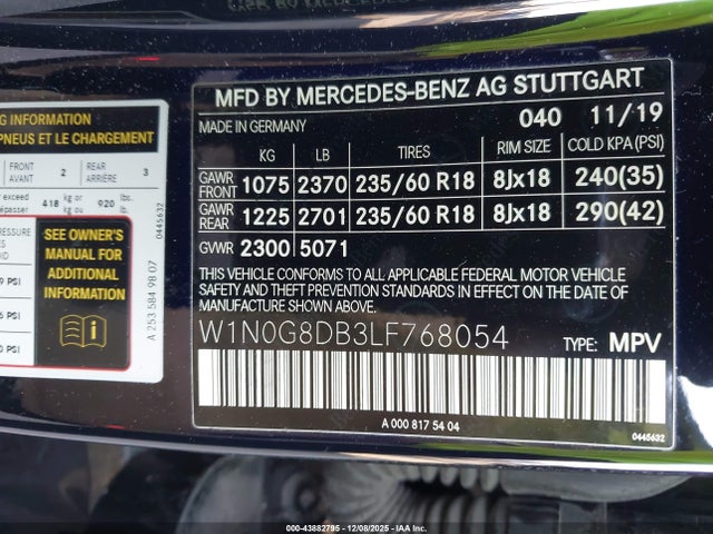 Продаж на аукціоні авто 2020 Mercedes-benz Glc 300, vin: W1N0G8DB3LF768054, номер лоту: 43882795