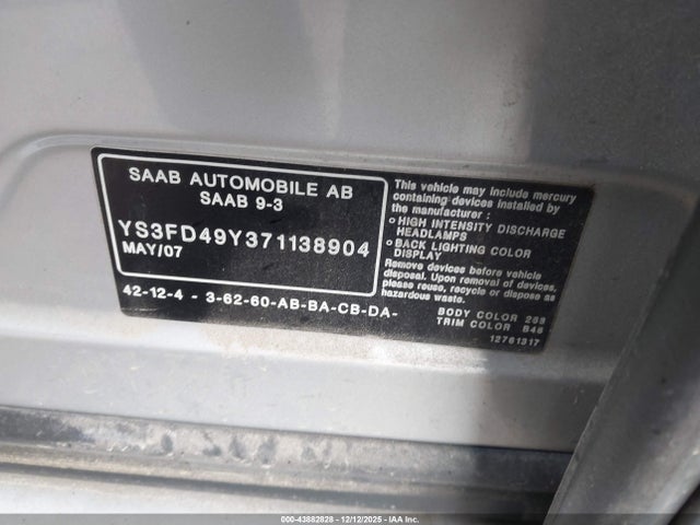 2007 SAAB 9-3 YS3FD49Y371138904 Photo 8