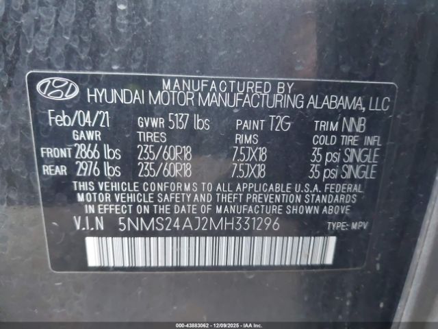 2021 HYUNDAI SANTA FE 5NMS24AJ2MH331296 Photo 8