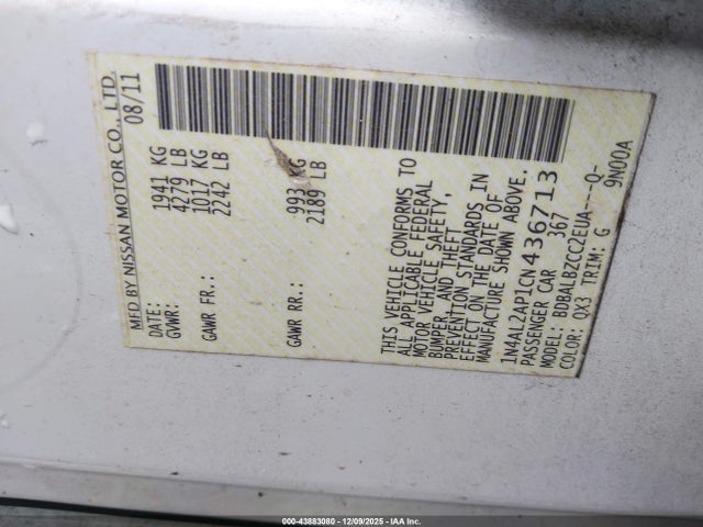 Aukcja sprzedaży 2012 Nissan Altima 2.5 S, vin: 1N4AL2AP1CN436713, numer aukcji: 43883080