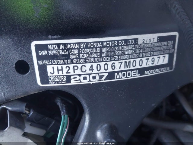 Продажа на аукционе авто 2007 Honda Cbr600 Rr, vin: JH2PC40067M007977, номер лота: 43883298