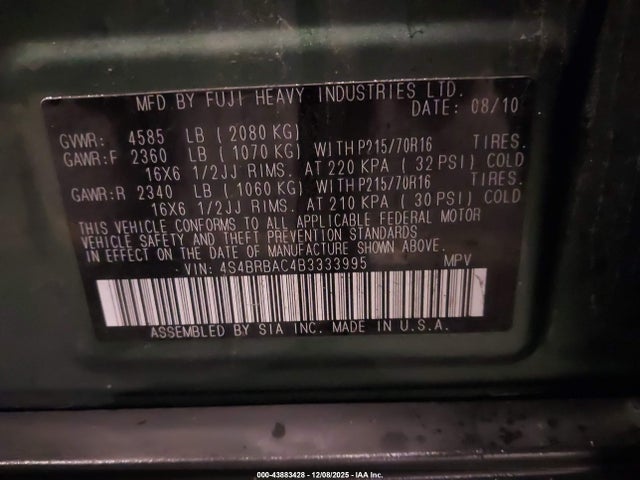 Продаж на аукціоні авто 2011 Subaru Outback 2.5i, vin: 4S4BRBAC4B3333995, номер лоту: 43883428