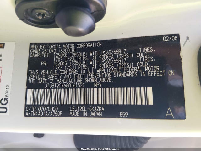 Aukcja sprzedaży 2008 Lexus Gx 470, vin: JTJBT20X680161521, numer aukcji: 43883455