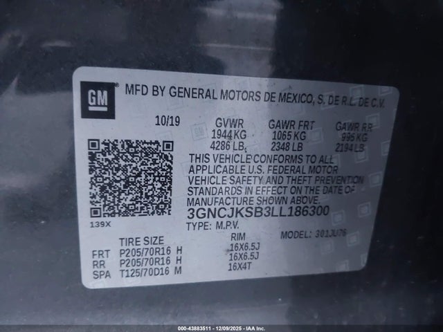 Продажа на аукционе авто 2020 Chevrolet Trax Fwd Ls, vin: 3GNCJKSB3LL186300, номер лота: 43883511