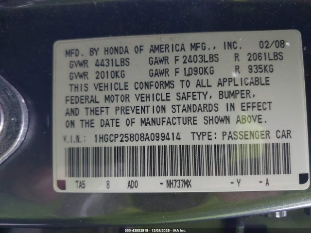 2008 HONDA ACCORD SDN 1HGCP25808A099414 Photo 8