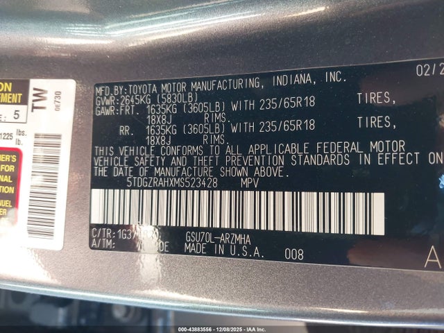 5TDGZRAHXMS523428 Toyota Highlander Xle