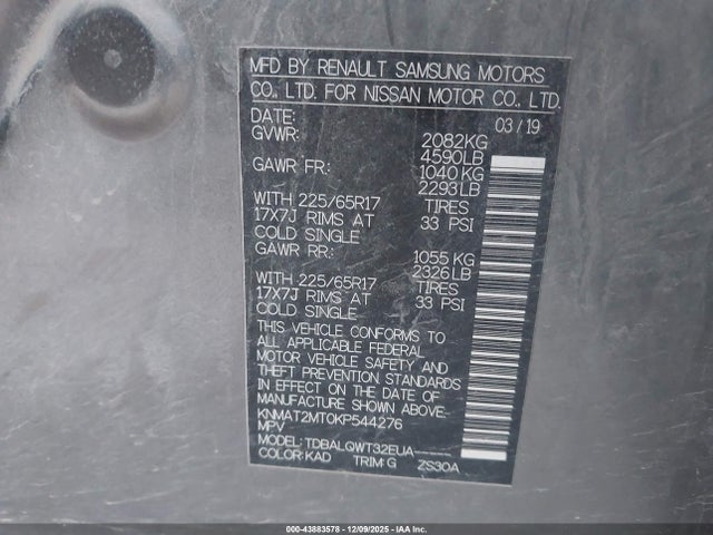 43883578 :رقم المزاد ، KNMAT2MT0KP544276 vin ، 2019 Nissan Rogue Sv مزاد بيع