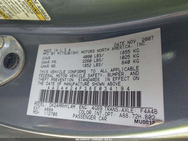 2008 MITSUBISHI ECLIPSE 4A3AK24F38E034194 Photo 8