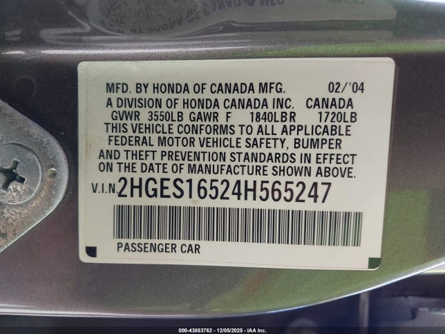 2004 HONDA CIVIC 2HGES16524H565247 Photo 8