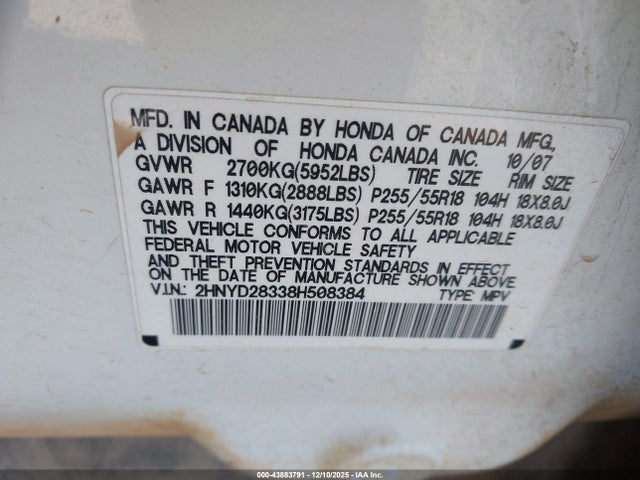 Aukcja sprzedaży 2008 Acura Mdx Technology Package, vin: 2HNYD28338H508384, numer aukcji: 43883791