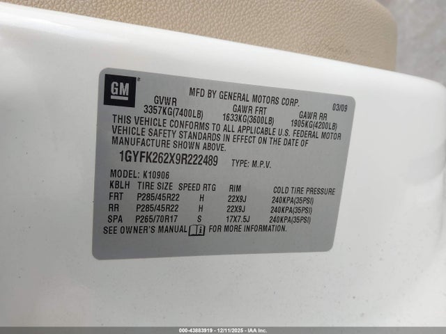 2009 CADILLAC ESCALADE ESV 1GYFK262X9R222489 Photo 8