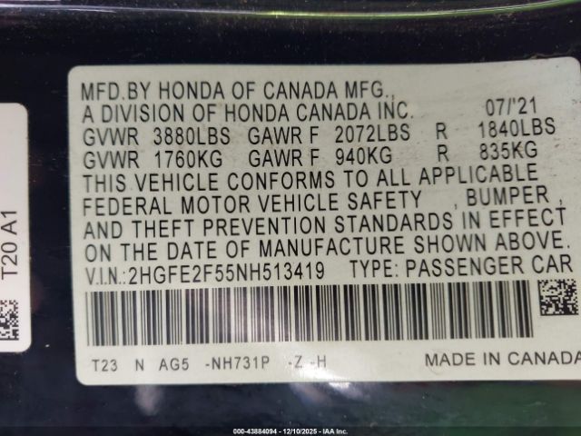 2022 HONDA CIVIC 2HGFE2F55NH513419 Photo 8