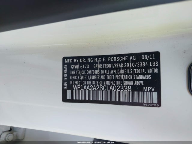 Aukcja sprzedaży 2012 Porsche Cayenne, vin: WP1AA2A23CLA02338, numer aukcji: 43884172