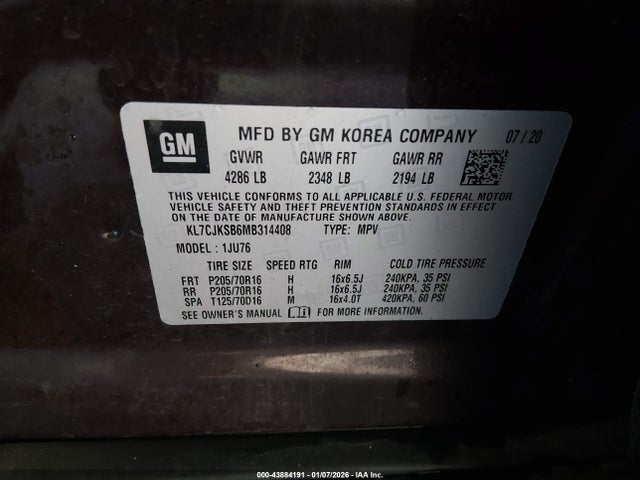 Aukcja sprzedaży 2021 Chevrolet Trax Fwd Ls, vin: KL7CJKSB6MB314408, numer aukcji: 43884191