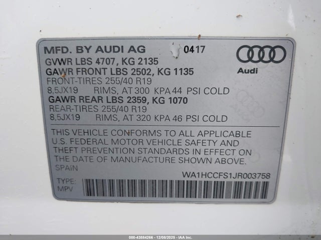 43884266 :رقم المزاد ، WA1HCCFS1JR003758 vin ، 2018 Audi Q3 2.0t Premium/2.0t Sport Premium مزاد بيع